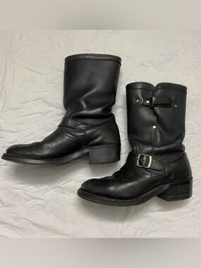 Black leather biker boots with buckle detail